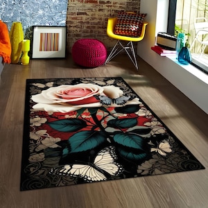 Rosendekor Teppich, Lebhafter Rosenteppich, Valentinstag Teppich, Wohnzimmerteppich, Housewarminggeschenk, Moderner Blumenteppich, Waschbarer, rutschfester Teppich