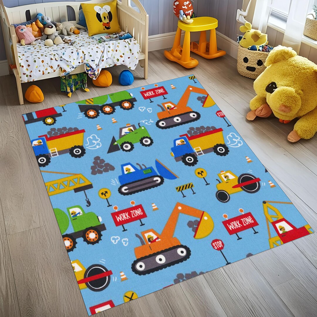 Construction Trucks Rug: Washable Non-slip Kids Room Area Rug - Etsy