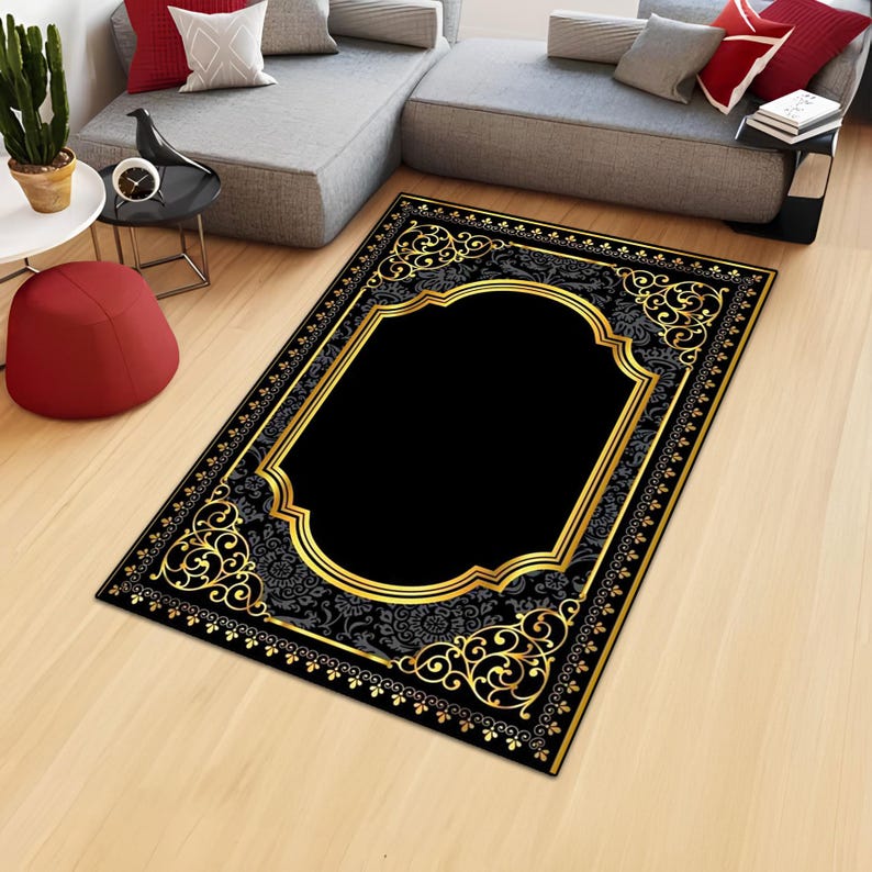Gold Pattern Black Rug,gold Framed Black Rug,popular Area Rug,modern