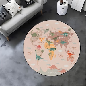 Dinosaurier Muster Teppich, Cartoon Dinosaurier auf Weltkarte Gedruckt Teppich, Dinosaurier Teppich Für Kinderzimmer, Süße Tiere Lernen Teppich, Bunter Moderner Teppich
