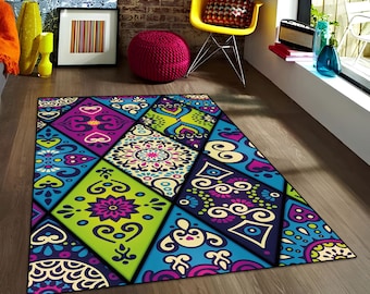 Geometric Patchwork Rug: Vintage Style, Washable, Non-Slip