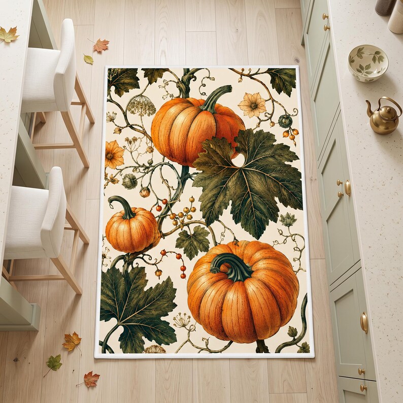 May include: A rectangular area rug featuring a cream-colored background with a repeating botanical pattern of orange pumpkins, large dark green leaves, delicate vines, small yellow flowers, and clusters of tiny red berries across the surface.