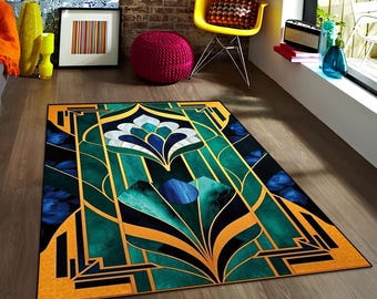 Art Deco Area Rug: Colorful Rose Decor, Washable Non-Slip