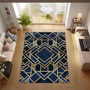 Art Deco Rug,Blue Gold Striped Rug,Abstract Area Rug,Geometric Shaped Rug,Living Room Rug,Modern Art Rug,Washable Non Slip ,Home Decor Rug