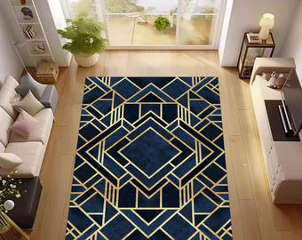 Art Deco Area Rug: Blue Gold Striped Abstract Design