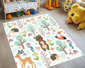 Woodland Animals Kids Rug: Non-Slip Nursery Decor