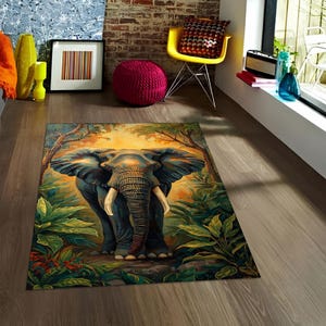 May include: A rectangular area rug featuring a detailed illustration of an elephant in a jungle setting. The elephant is depicted in shades of gray and blue, with large tusks and surrounded by lush green foliage. The rug has a warm, inviting color palette.