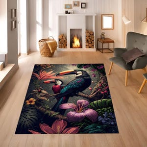 Exotic Bird Rug,Animal Flower Rug,Floral Area Rug,Colorful Wildlife Rug,Housewarming Gift,Salon Rug,Non Slip Rug,Washable Rug,Botanic Design