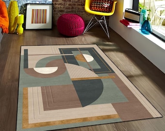 Alfombra con formas geométricas: diseño abstracto moderno, lavable y antideslizante.