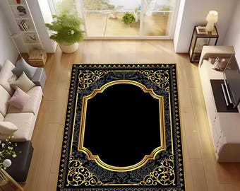 Gold Framed Black Rug: Washable Non-Slip Area Rug