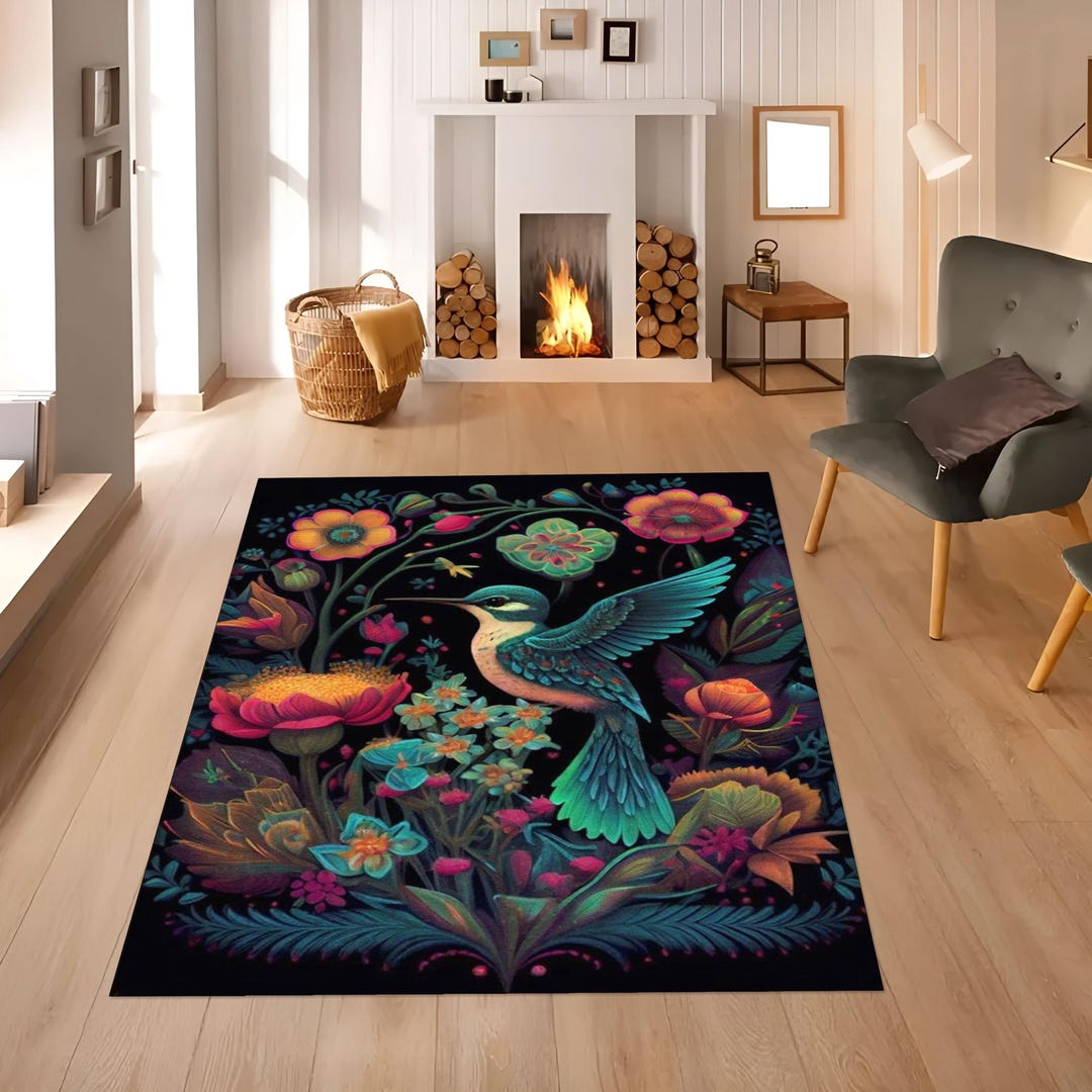 Floral Bird Rug: Colorful Botanic Design, Non-slip Washable Carpet - Etsy