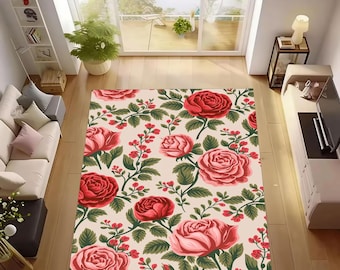 Alfombra elegante con diseño floral de rosas: lavable, antideslizante y elegante, ideal para San Valentín.