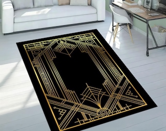 Art Deco Gold Striped Rug: Washable Non-Slip Abstract Area Rug