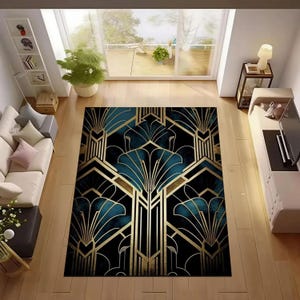 Art Deco Rug,Navy Blue Rug,Gold Striped Rug,Area Rug,Geometric Shaped Rug,Living Room Rug,Modern Art Rug,Washable Non Slip ,Home Decor Rug