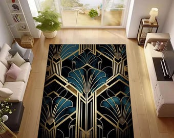 Art Deco Area Rug: Navy Blue & Gold Geometric Design