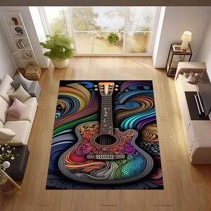 Guitar Decor Rug,Colourful Guitar Rug,Acoustic Guitar Rug,Instrument Rug,Clef Rug,Music Notes Rug,Washable Non Slip Area Rug,Teen Gift Rug,