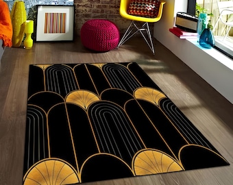 Art Deco Gold Striped Rug: Washable Non-Slip Salon Rug