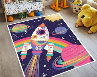 Alfombra espacial con forma de cohete: lavable y antideslizante para la decoración de la habitación infantil.
