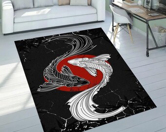 Koi Fish Ying Yang Rug: Japanese Art Non-Slip Washable Carpet
