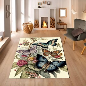 Butterfly Decor Rug,Colorful Butterfly Floral Rug,Washable Living Room Rug,Girls Gift Area Rug,Animal Rug,Non Slip,Teen Room Rug,Home Decor
