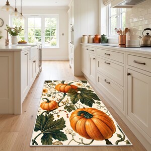 May include: A rectangular area rug featuring a cream-colored background with a repeating pattern of large orange pumpkins, dark green leaves, and thin brown vines. The design covers the entire surface of the rug, which is placed on a wooden floor.
