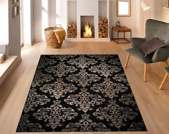 Dark Gothic Damask Rug: Non-Slip Washable Black Decor,Gothic Area Style