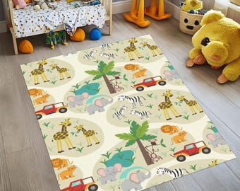 Woodland Jungle Animals Nursery Rug: Washable Non-Slip Kids Play Mat