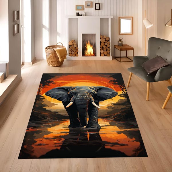 Elephant Area Rug: Non-Slip Washable Living Room Decor