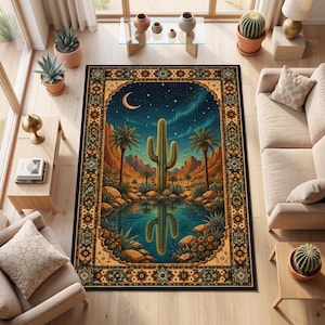 May include: A rectangular area rug featuring a desert landscape with a central saguaro cactus, palm trees, and a reflective pool under a night sky with a crescent moon and stars, all enclosed by a decorative geometric border in shades of gold and blue.