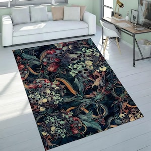 Skull Decor Rug,Skull Floral Garden Rug,Gothic Skull Rug,Decorative Rug,Occult Witchy Dark Decor,Washable, Gift Rug,Non-slip,Cool Area Rug