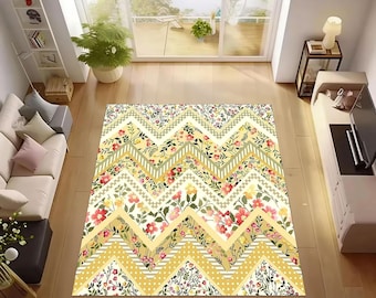 Floral Chevron Rug:Modern Area Rug,Washable Non-Slip Zigzag Pattern