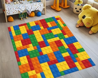 Colorful Building Blocks Rug: Non-Slip Kids Playroom Decor