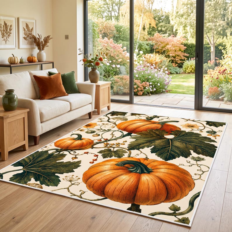 May include: A rectangular area rug featuring a repeating botanical pattern of large orange pumpkins, dark green leaves, and thin winding vines on a cream-colored background. The design covers the entire surface of the floor covering.