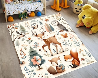 Woodland Animals Kids Rug: Non-Slip Nursery Play Mat