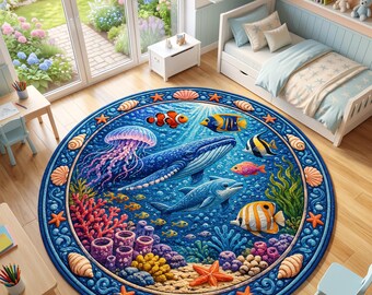 Alfombra infantil con diseño de océano: Alfombra de baño colorida con temática del mundo submarino, antideslizante y lavable.