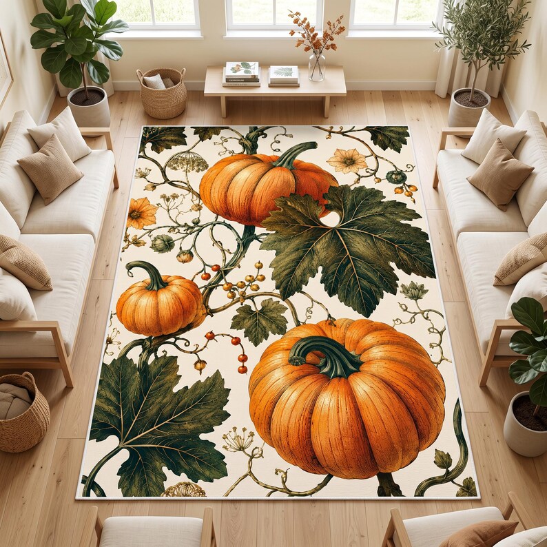 May include: A rectangular area rug featuring a cream-colored background with a repeating botanical pattern of large orange pumpkins, dark green pumpkin leaves, delicate vines, small yellow flowers, and clusters of tiny red berries across the surface.