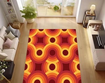 70er Jahre Retro Teppich: Rutschfeste, Groovy Retro Bodendekoration, Orange Geometrische Wellen Teppich