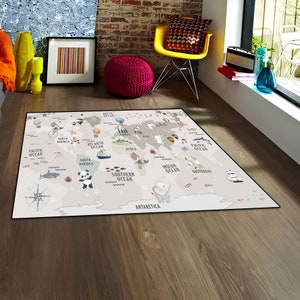 Kinderzimmerteppich, Kinderteppich, Kinderteppich, Kinderspielteppich, Wohnzimmerteppich, Rutschfest, Weltkarte Design Teppich