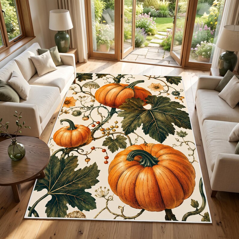 May include: A rectangular area rug featuring a cream-colored background with a repeating botanical pattern of large orange pumpkins, dark green pumpkin leaves, and thin brown vines with small berries and delicate floral accents throughout.
