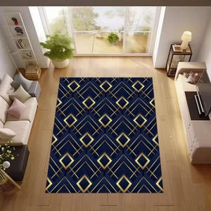 Art Deco Rug,Blue Gold Striped Rug,Abstract Area Rug,Geometric Shaped Rug,Living Room Rug,Modern Art Rug,Washable Non Slip ,Home Decor Rug