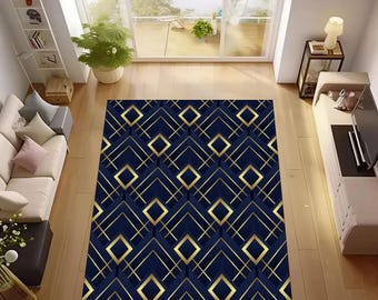 Art Deco Area Rug: Blue Gold Striped Geometric Rug, Non-Slip