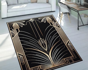 Art Deco Gold Striped Rug: Washable Non-Slip Salon Rug