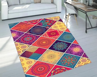 Geometric Patchwork Rug: Vintage Style, Washable, Non-Slip