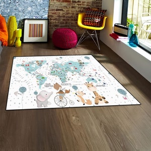 Alfombra para habitación infantil, alfombra educativa, alfombra con dibujos animados, alfombra de juegos, alfombra para sala de estar, antideslizante, alfombra con diseño de mapa del mundo, alfombra lavable para regalo.