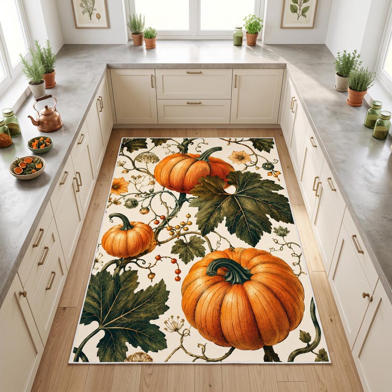 May include: A rectangular area rug featuring a botanical print of orange pumpkins, dark green leaves, and thin winding vines on a cream-colored background. The design displays multiple pumpkins of varying sizes arranged across the surface.
