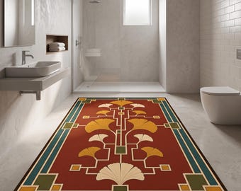 Art Deco Ginkgo Rug:Geometric Ginkgo Area Carpet Washable Non-Slip Ginkgo Leaf Design,Elegant Home Decor