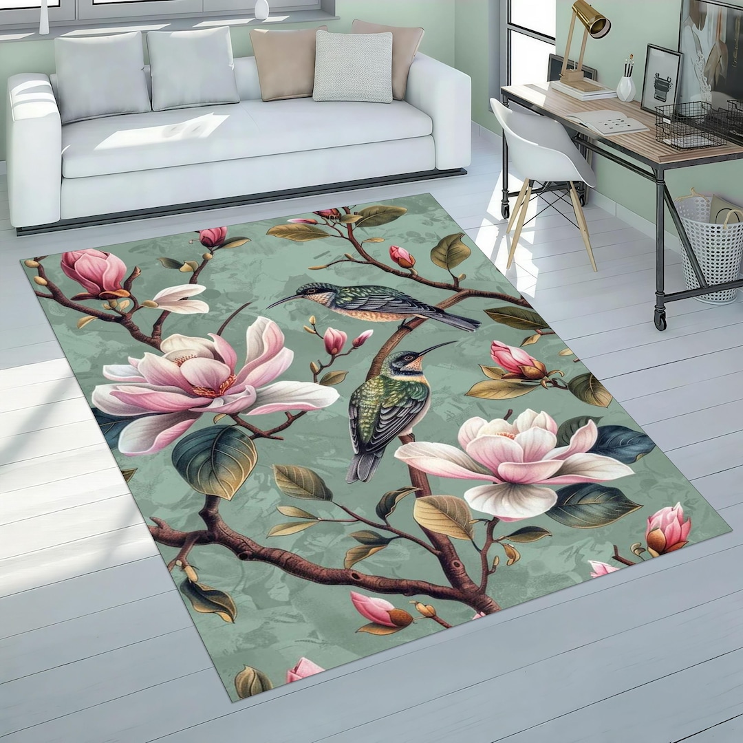 Bird & Floral Rug: Elegant Botanic Design, Non-slip Washable Area Rug ...