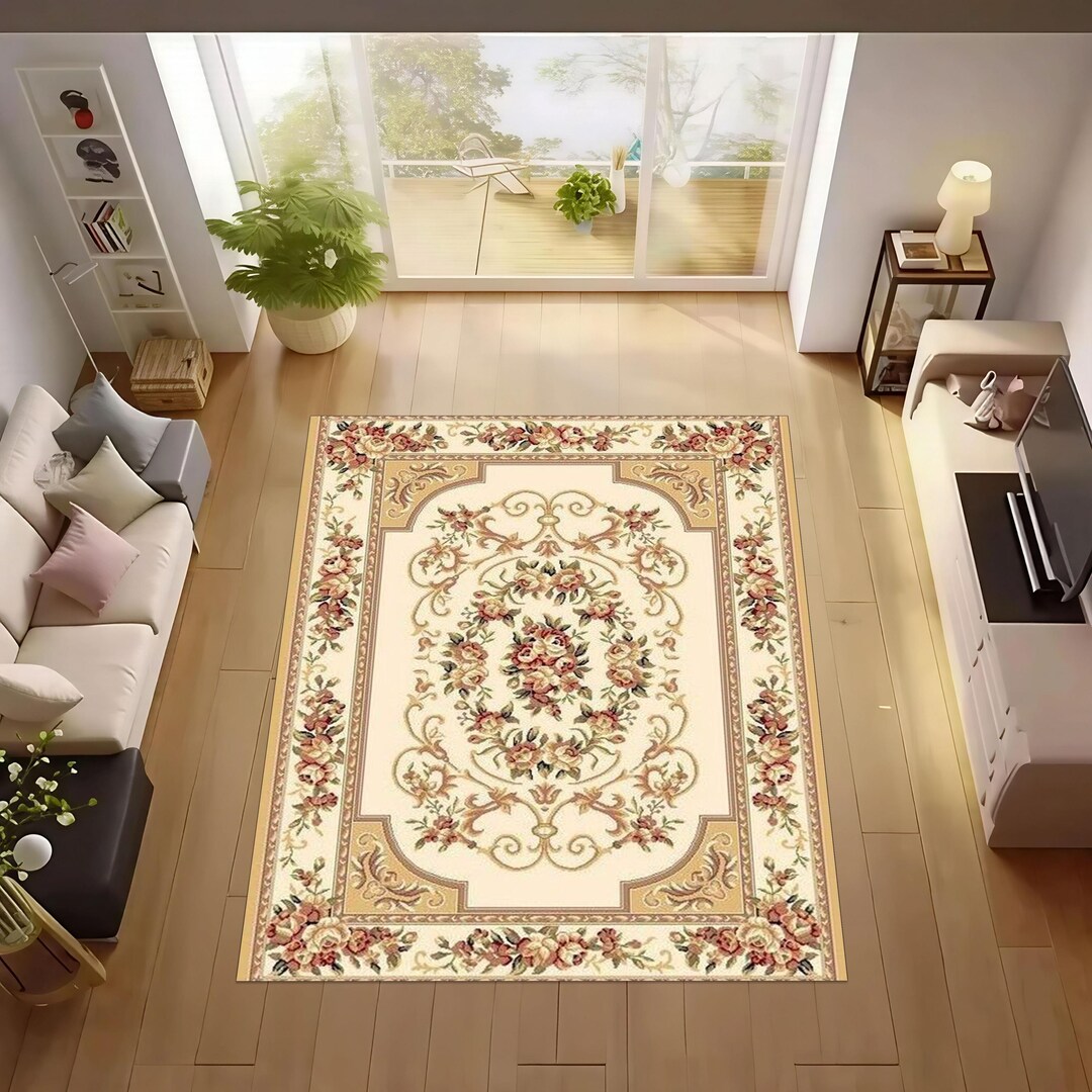 Traditional Rose Pattern Rug: Washable Non-slip Living Room Carpet - Etsy