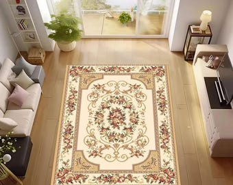 Alfombra tradicional con estampado de rosas: lavable y antideslizante para sala de estar.