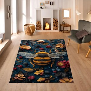 Bee Rug,Bee Floral Decor Rug,Nature Rug,Botanical Area Rug,Non Slip Rug,Honeycomb Rug,Washable Rug,Living Room Rug,Kitchen Rug,Home Decor